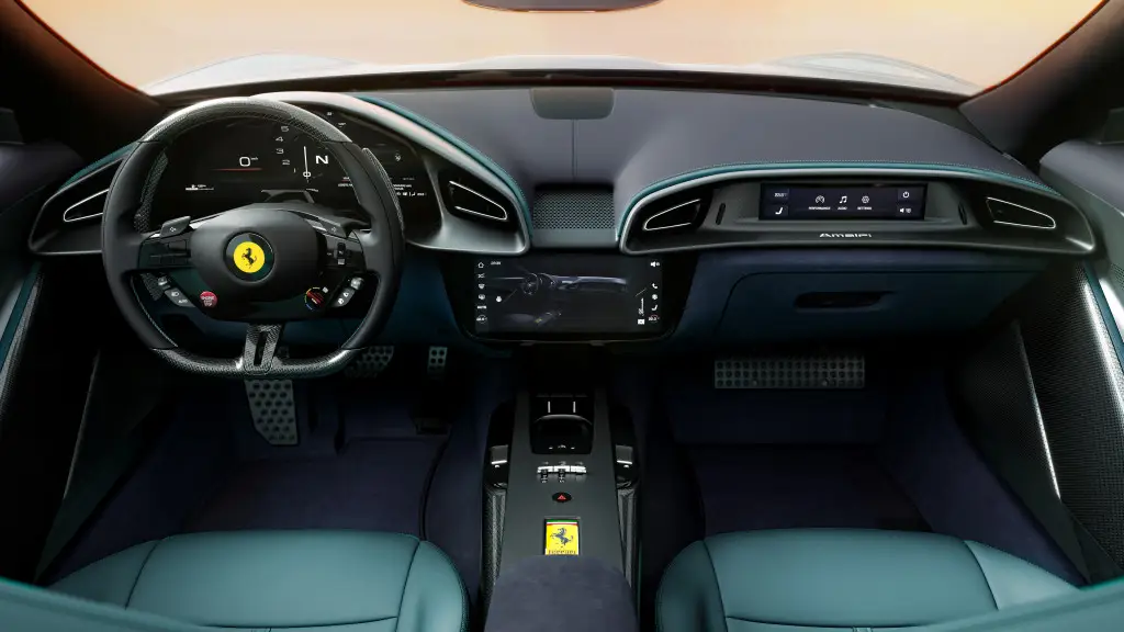 The redesigned cabin places a driver-focused dual-screen layout at the centre of the experience. Photo: Ferrari.